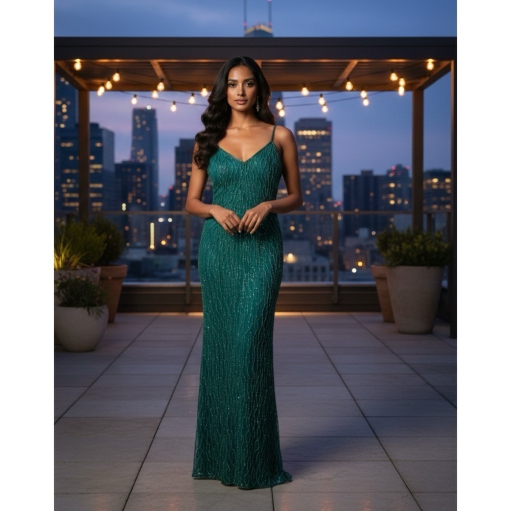 Laurence Kazar Vintage 100% Silk Green Beaded Sequin Gown Size Large